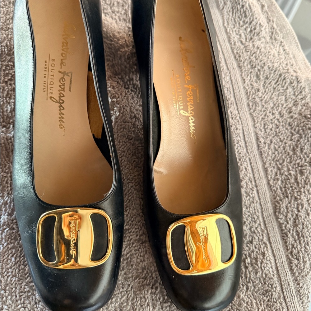 Salvatore Ferragamo Black Heels with Gold Accent
